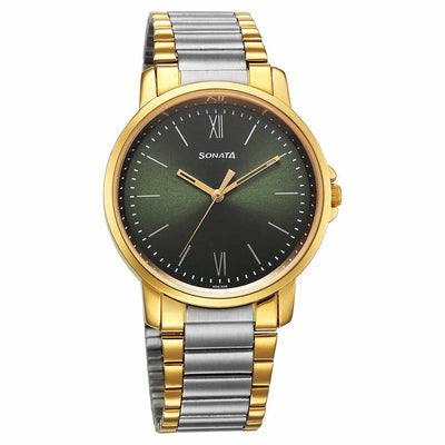 Sonata Traditional Essentials Quartz Analog Green Dial Stainless Steel Strap Watch for Men