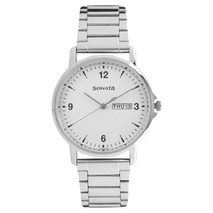 Sonata Quartz Analog with Day and Date White Dial Stainless Steel Strap Watch for Men