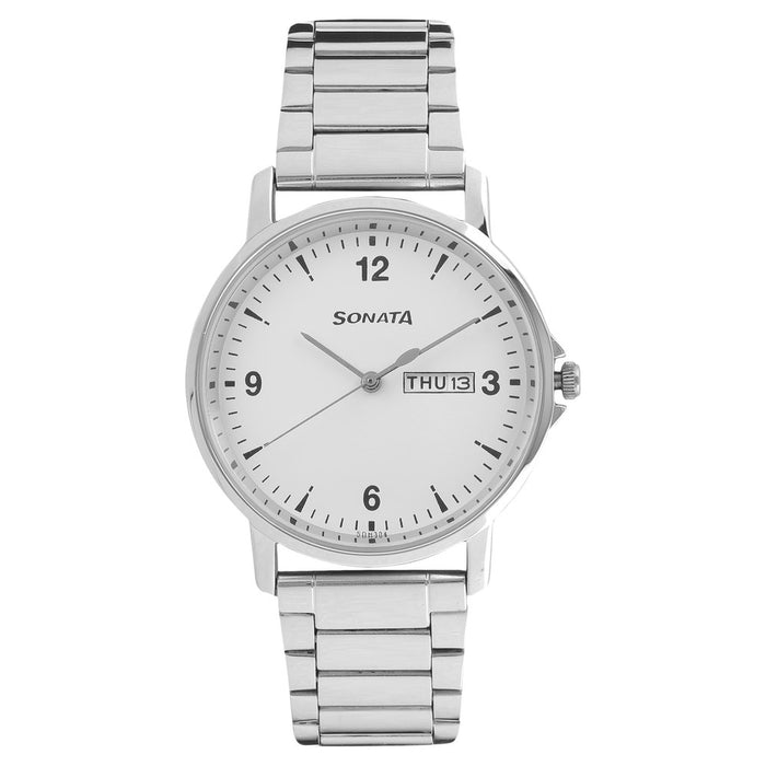 Sonata Quartz Analog with Day and Date White Dial Stainless Steel Strap Watch for Men