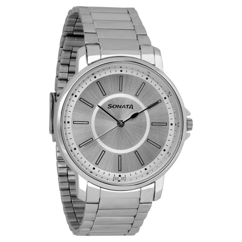 Sonata Quartz Analog Silver Dial Stainless Steel Strap Watch for Men