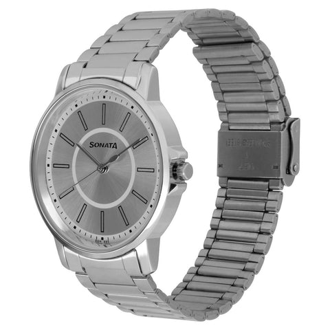 Sonata Quartz Analog Silver Dial Stainless Steel Strap Watch for Men