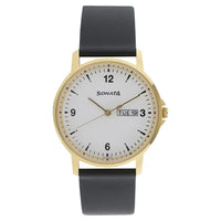 Sonata Quartz Analog with Day and Date White Dial Leather Strap Watch for Men