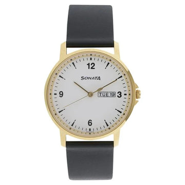 Sonata Quartz Analog with Day and Date White Dial Leather Strap Watch for Men