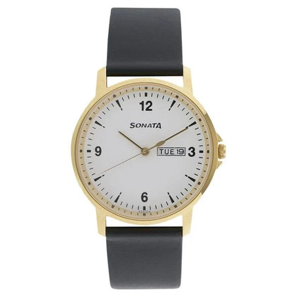 Sonata Quartz Analog with Day and Date White Dial Leather Strap Watch for Men