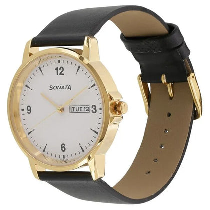 Sonata Quartz Analog with Day and Date White Dial Leather Strap Watch for Men
