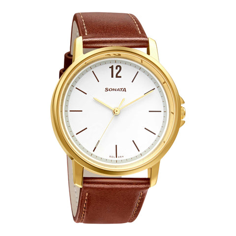 Sonata Essential 2020 Gents Strap Material Leather Dial Colour White 77083YL02