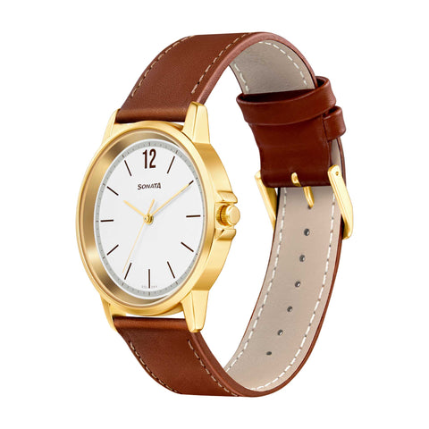 Sonata Essential 2020 Gents Strap Material Leather Dial Colour White 77083YL02