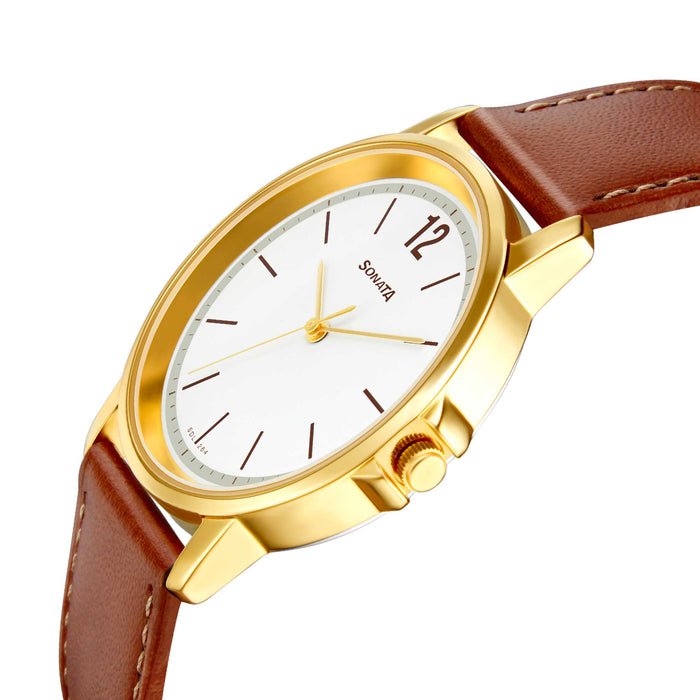 Sonata Essential 2020 Gents Strap Material Leather Dial Colour White 77083YL02