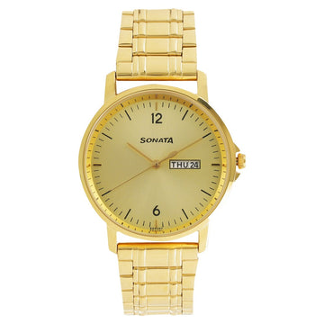 Sonata Quartz Analog with Day and Date Champagne Dial Stainless Steel Strap Watch for Men