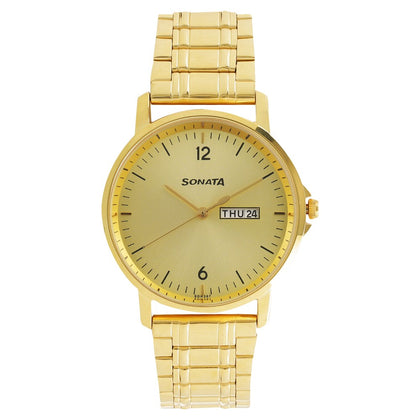 Sonata Quartz Analog with Day and Date Champagne Dial Stainless Steel Strap Watch for Men