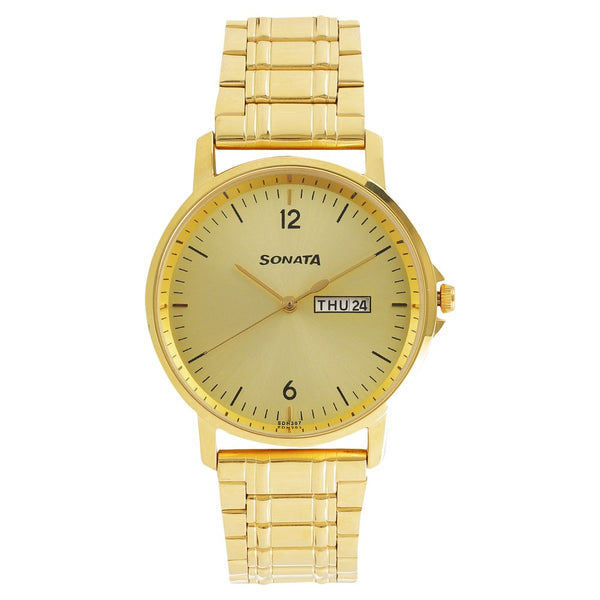 Sonata Quartz Analog with Day and Date Champagne Dial Stainless Steel Strap Watch for Men
