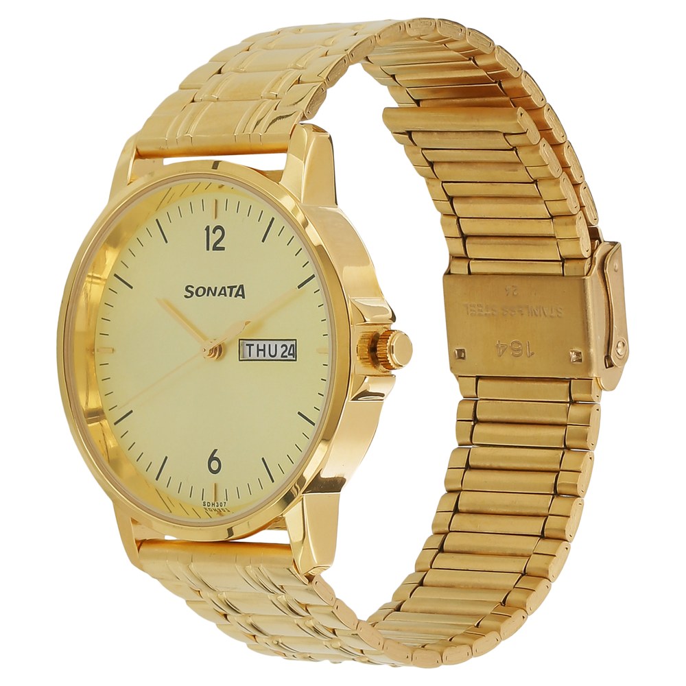 Sonata Quartz Analog with Day and Date Champagne Dial Stainless Steel Strap Watch for Men
