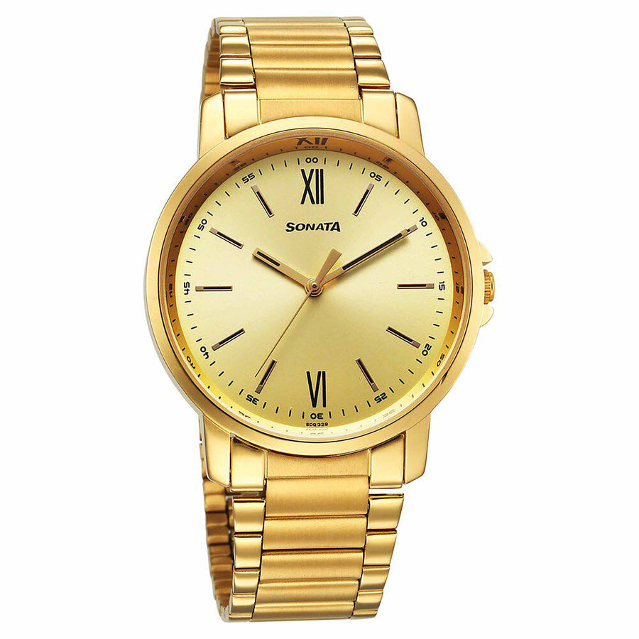 Sonata Traditional Essentials Quartz Analog Champagne Dial Stainless Steel Strap Watch for Men