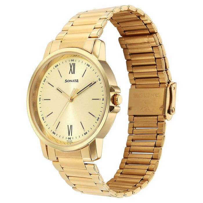 Sonata Traditional Essentials Quartz Analog Champagne Dial Stainless Steel Strap Watch for Men