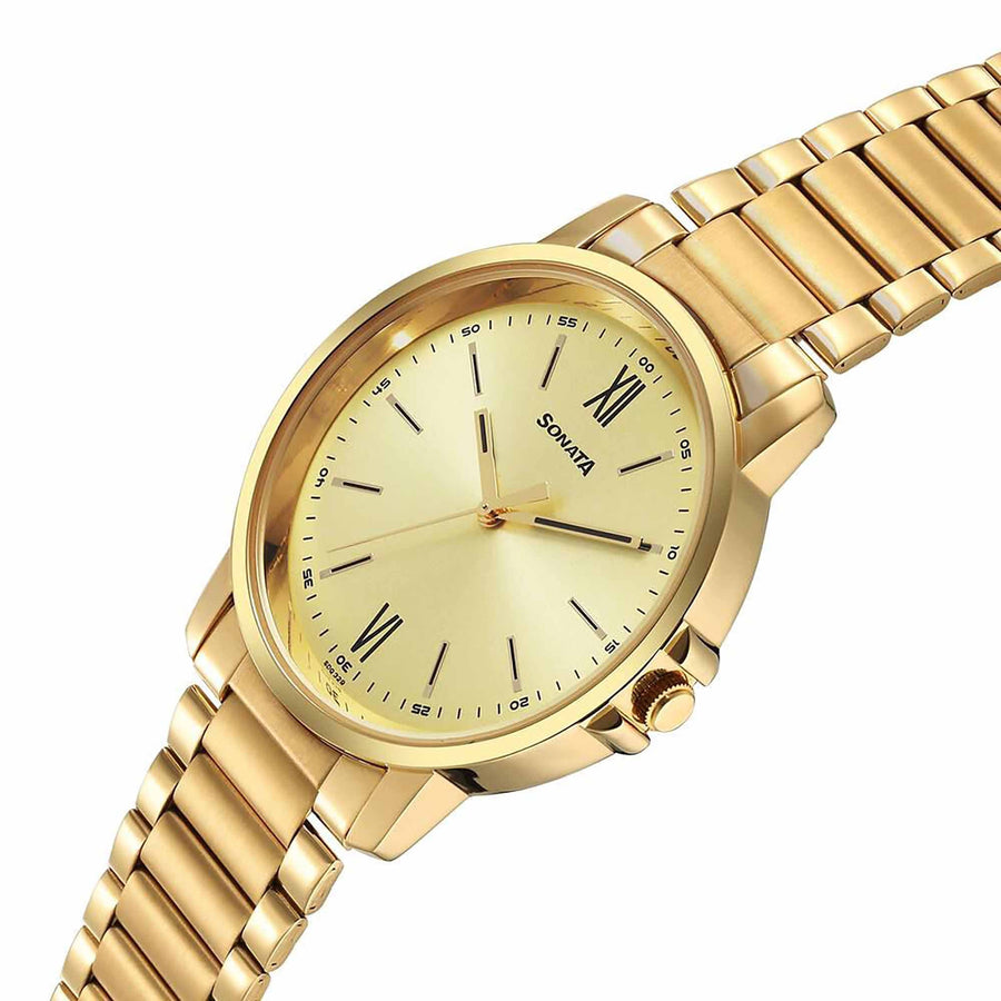 Sonata Traditional Essentials Quartz Analog Champagne Dial Stainless Steel Strap Watch for Men