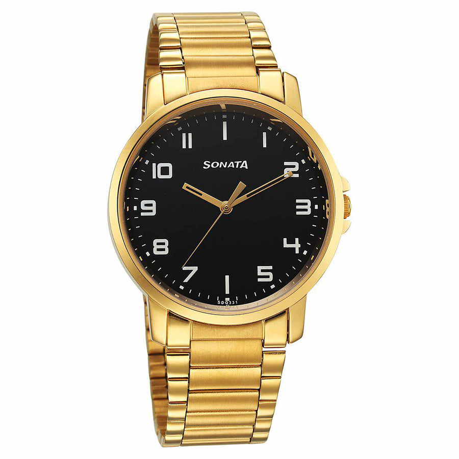 Sonata Traditional Essentials Quartz Analog Black Dial Stainless Steel Strap Watch for Men