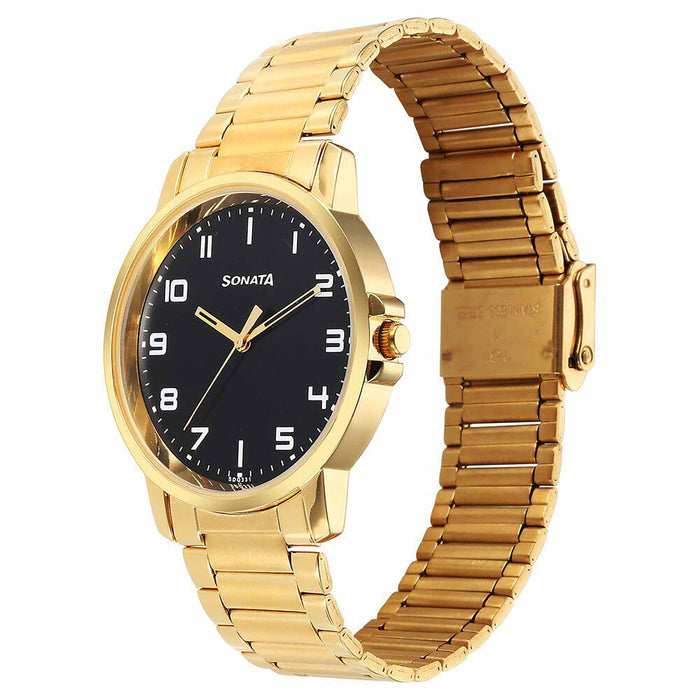 Sonata Traditional Essentials Quartz Analog Black Dial Stainless Steel Strap Watch for Men