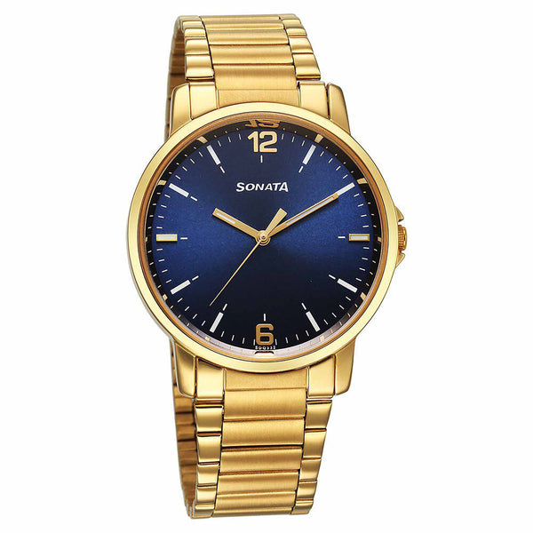 Sonata Traditional Essentials Quartz Analog Blue Dial Stainless Steel Strap Watch for Men