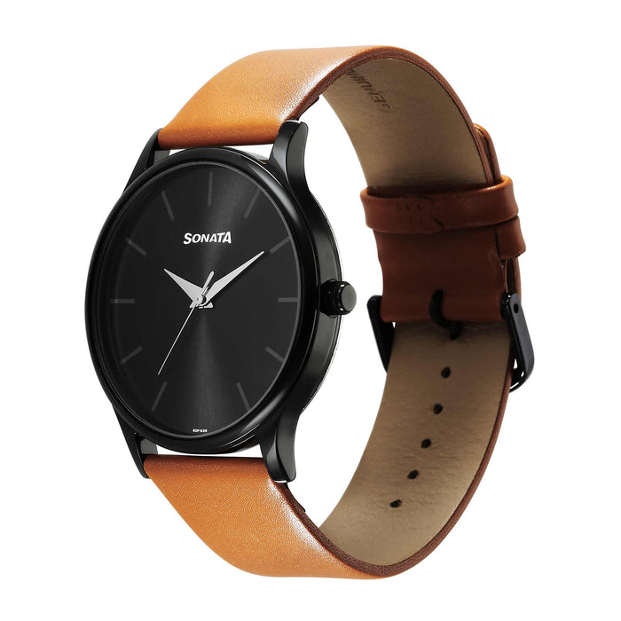 Sonata Aspire Quartz Analog Black Dial Leather Strap Watch for Men