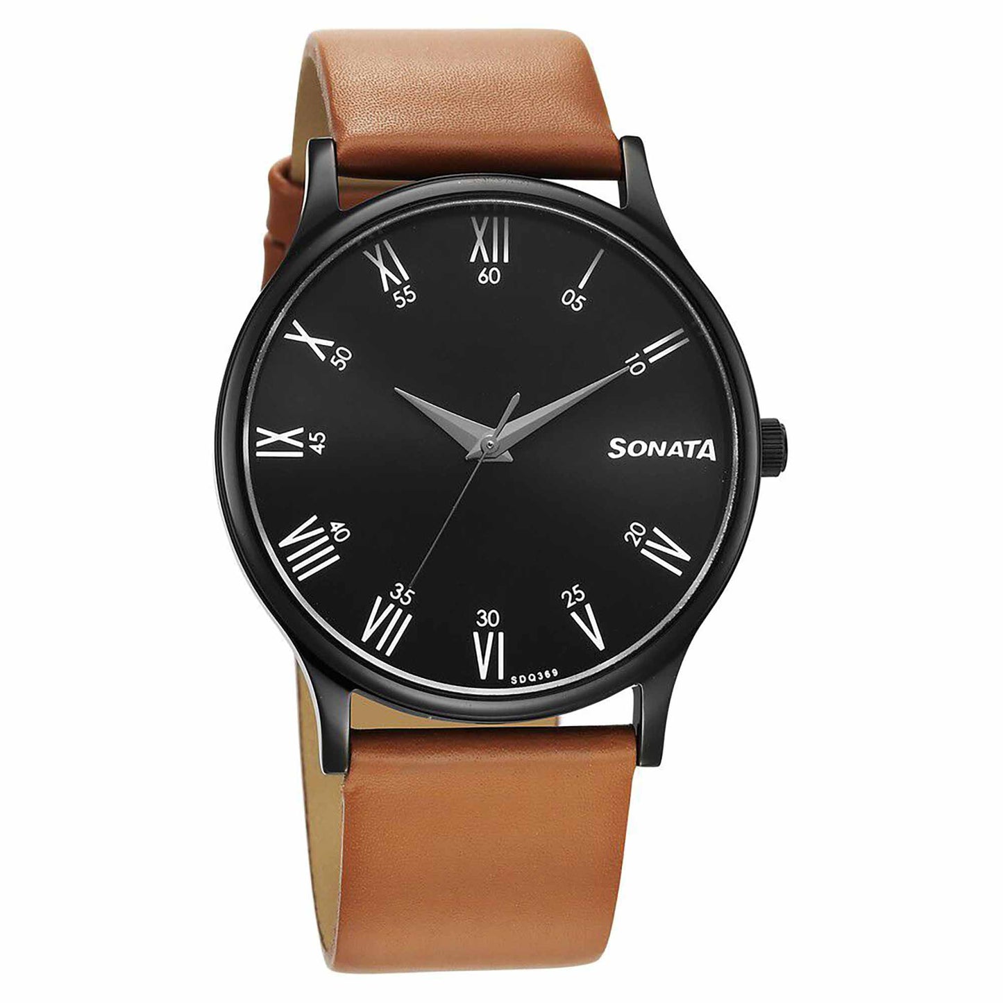 Sonata Aspire Quartz Analog Black Dial Brown Leather Strap Watch for Men