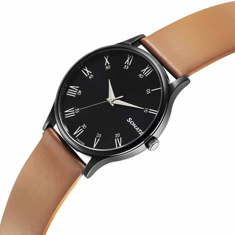 Sonata Aspire Quartz Analog Black Dial Brown Leather Strap Watch for Men