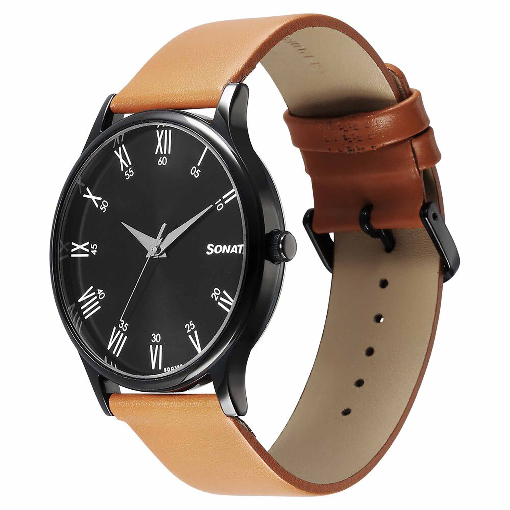 Sonata Aspire Quartz Analog Black Dial Brown Leather Strap Watch for Men