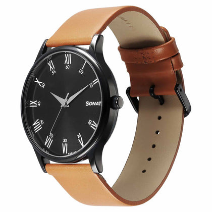 Sonata Aspire Quartz Analog Black Dial Brown Leather Strap Watch for Men