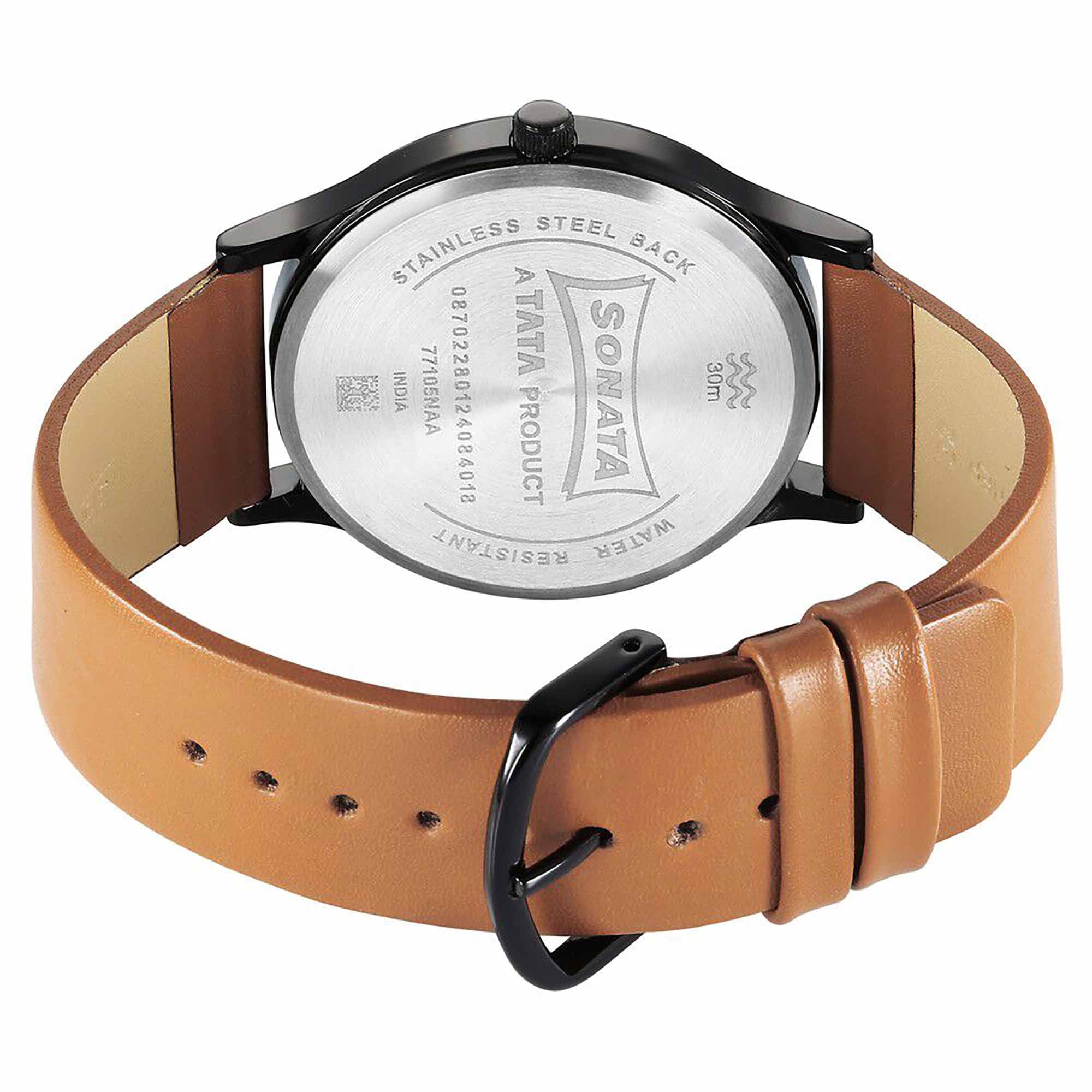 Sonata Aspire Quartz Analog Black Dial Brown Leather Strap Watch for Men