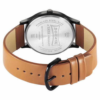 Sonata Aspire Quartz Analog Black Dial Brown Leather Strap Watch for Men