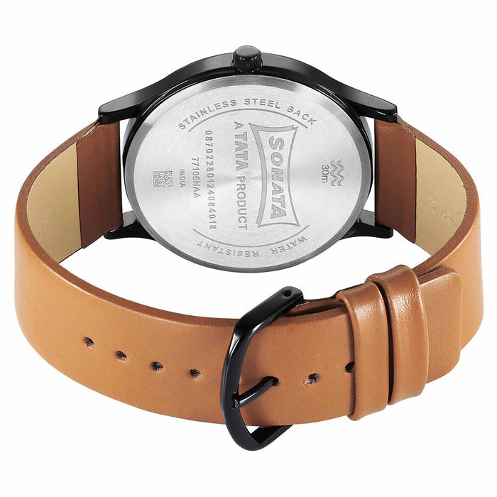 Sonata Aspire Quartz Analog Black Dial Brown Leather Strap Watch for Men