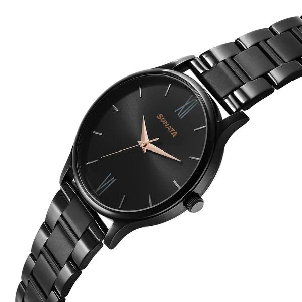 Sonata Black Dial Stainless Steel Strap Analog Watch for Men
