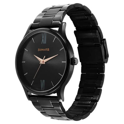 Sonata Black Dial Stainless Steel Strap Analog Watch for Men