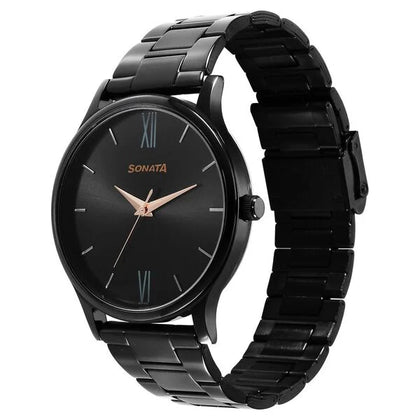 Sonata Black Dial Stainless Steel Strap Analog Watch for Men