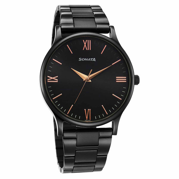 Sonata Black Dial Stainless Steel Strap Analog Watch for Men