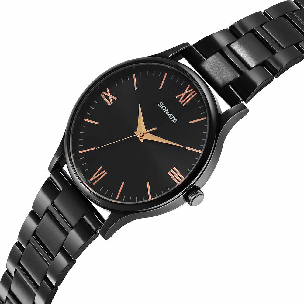 Sonata Black Dial Stainless Steel Strap Analog Watch for Men