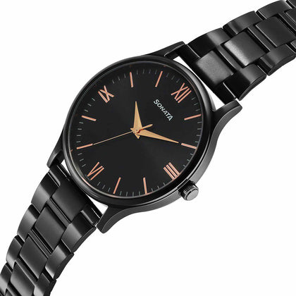 Sonata Black Dial Stainless Steel Strap Analog Watch for Men