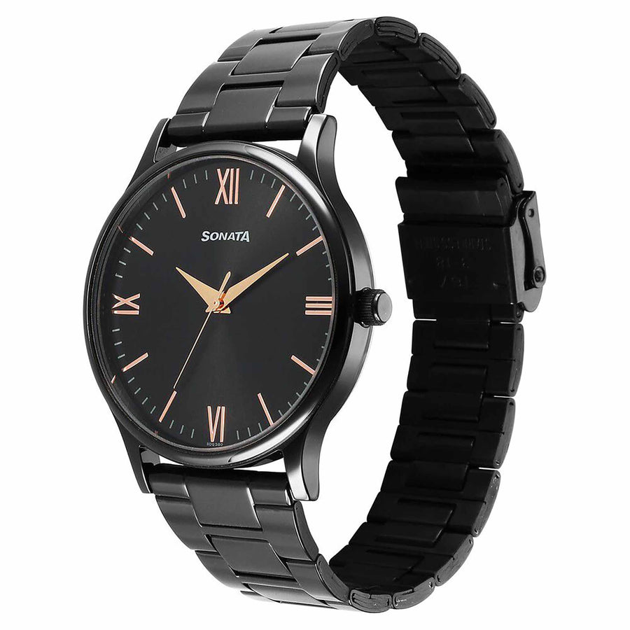 Sonata Black Dial Stainless Steel Strap Analog Watch for Men