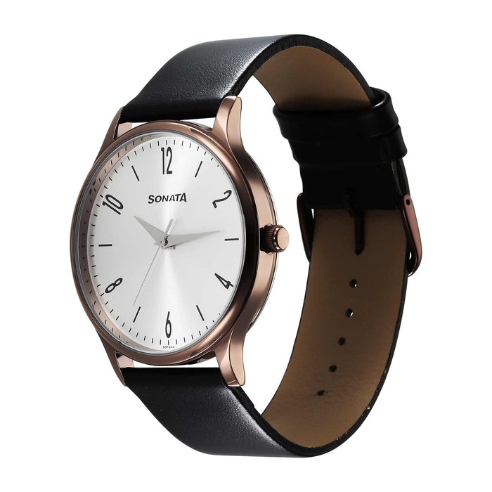 Sonata Aspire Quartz Analog Silver Dial Leather Strap Watch for Men