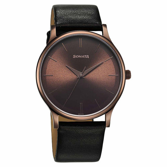 Sonata Aspire Quartz Analog Brown Dial Black Leather Strap Watch for Men