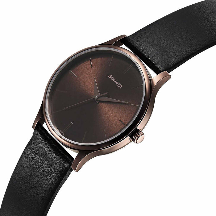 Sonata Aspire Quartz Analog Brown Dial Black Leather Strap Watch for Men