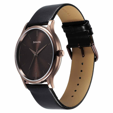 Sonata Aspire Quartz Analog Brown Dial Black Leather Strap Watch for Men