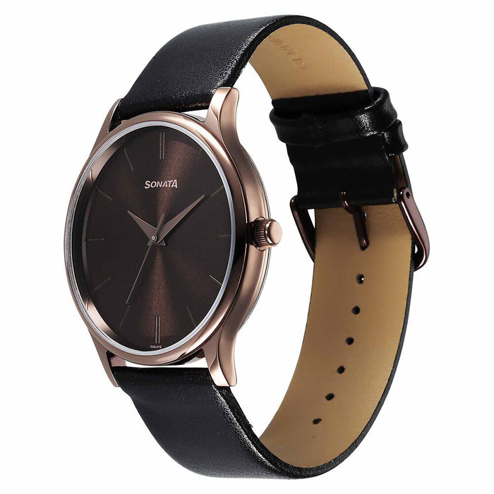 Sonata Aspire Quartz Analog Brown Dial Black Leather Strap Watch for Men