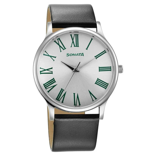 Sonata Aspire Quartz Analog Silver Dial Leather Strap Watch for Men 77105SL12