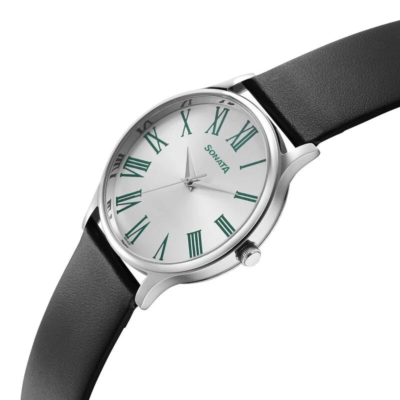 Sonata Aspire Quartz Analog Silver Dial Leather Strap Watch for Men 77105SL12