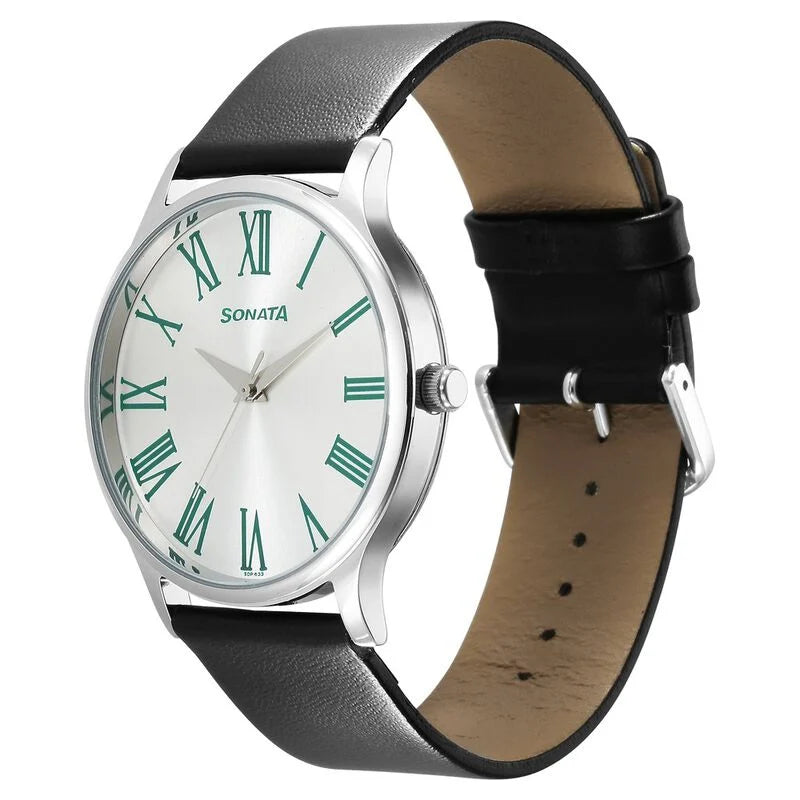Sonata Aspire Quartz Analog Silver Dial Leather Strap Watch for Men 77105SL12