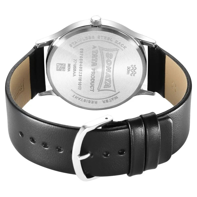 Sonata Aspire Quartz Analog Silver Dial Leather Strap Watch for Men 77105SL12