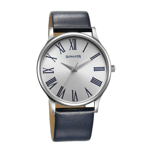 Sonata Aspire Quartz Analog Silver Dial Leather Strap Watch for Men