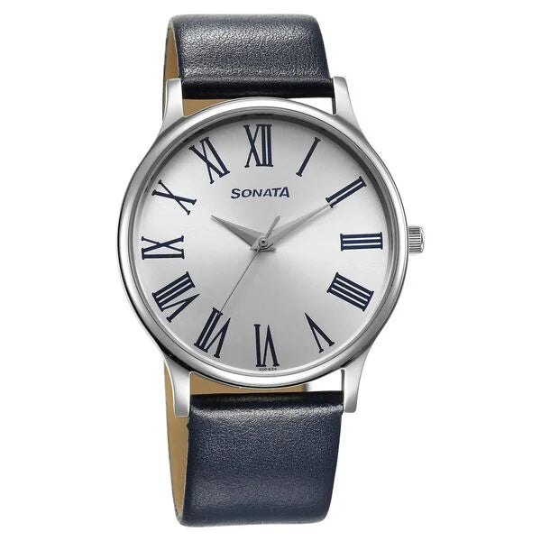 Sonata Aspire Quartz Analog Silver Dial Leather Strap Watch for Men 77105SL13