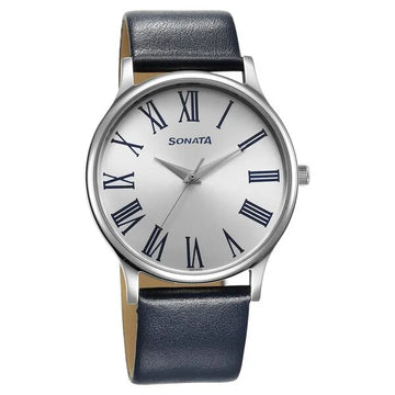 Sonata Aspire Quartz Analog Silver Dial Leather Strap Watch for Men 77105SL13