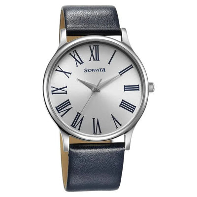 Sonata Aspire Quartz Analog Silver Dial Leather Strap Watch for Men 77105SL13